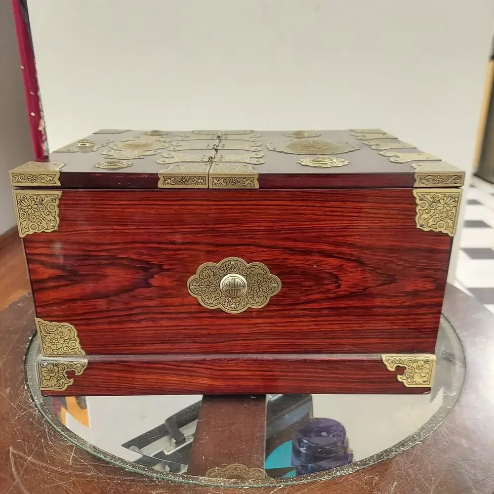 Antique c1920 Rosewood and Brass Chinese Mirror Box with Laquered Finish